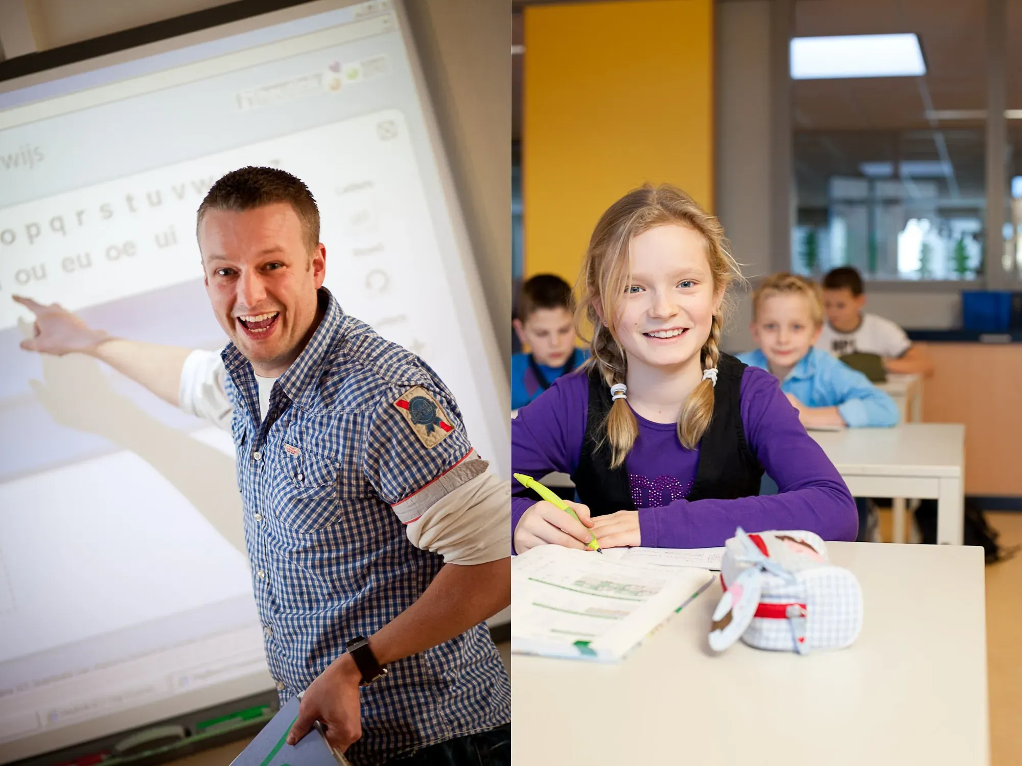 leraar voor het bord en leerling in de klas