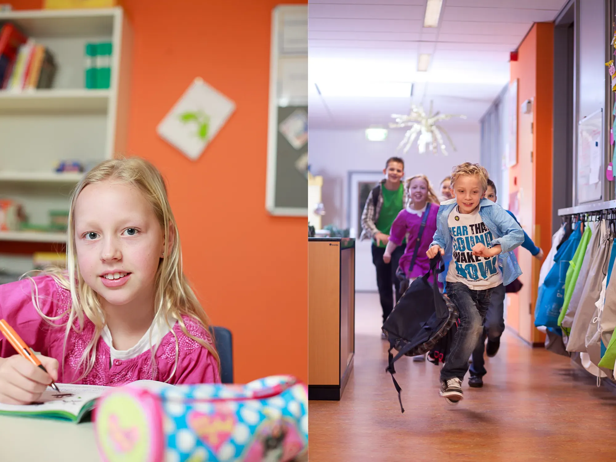 leerling aan tafel en leerlingen rennend in de gang