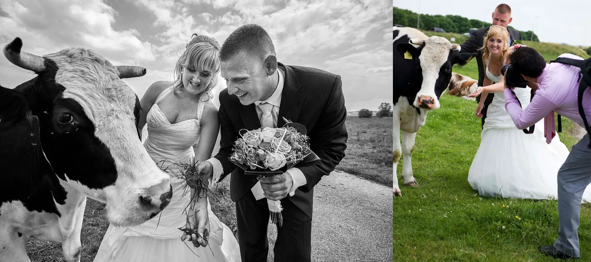 Hier zie je me aan het werk op de bruiloft van Alex en Evelyn. Links het eindresultaat en rechts een foto achter de schermen.
