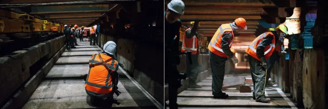 Behind the scenes tunnelfotografie en medewerkers in actie — industriële reportage