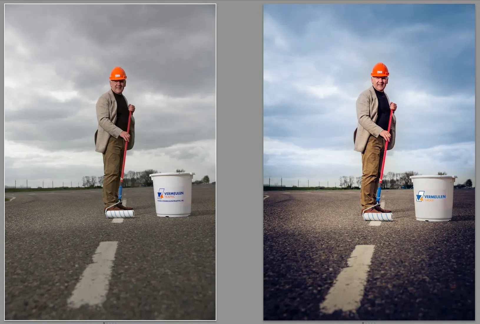 Hier even de bewerkingen op de foto. Links het origineel uit de camera. Rechts de aangepaste versie. Zoals je ziet is hij wat rechter gezet, iets beter uitgelicht en de lucht iets vrolijker gemaakt. Ook de sticker op de emmer is aangepast naar het juiste logo.