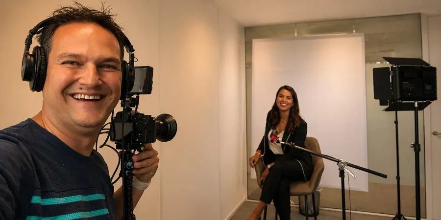 Man met koptelefoon en camera maakt een selfie voor een vrouw die op een stoel zit, klaar voor een interview of opname.
