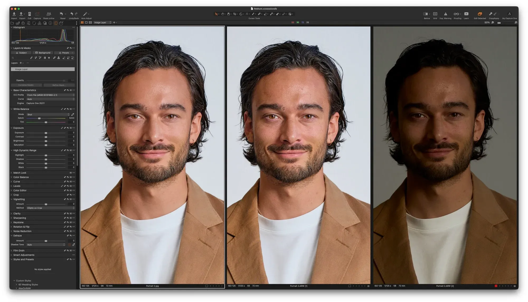 Rechts: Originele bestand - Midden: Bewerkte foto in Capture One - Links: Bewerkingen in Reblum