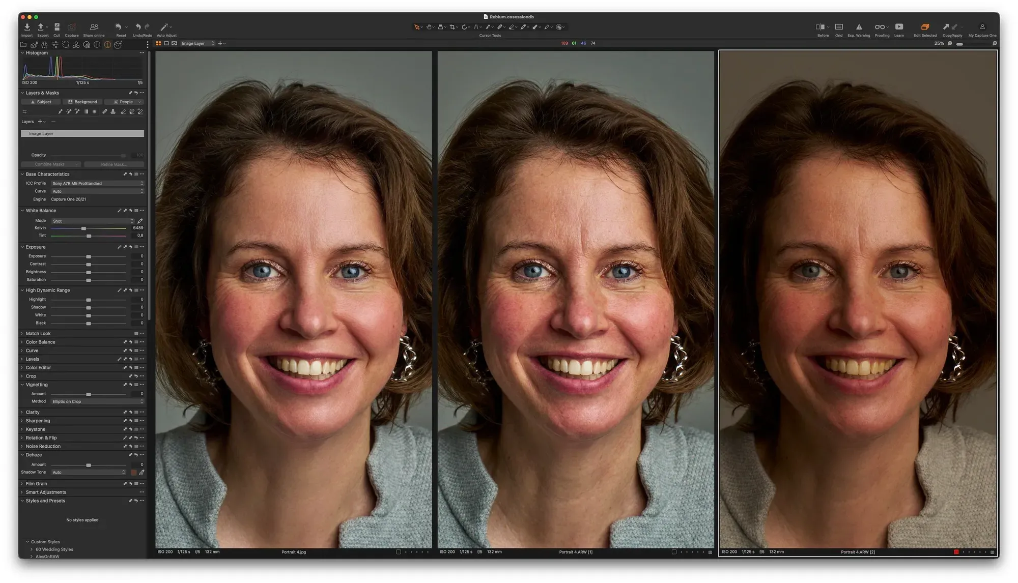 Rechts: Originele bestand - Midden: Bewerkte foto in Capture One - Links: Bewerkingen in Reblum