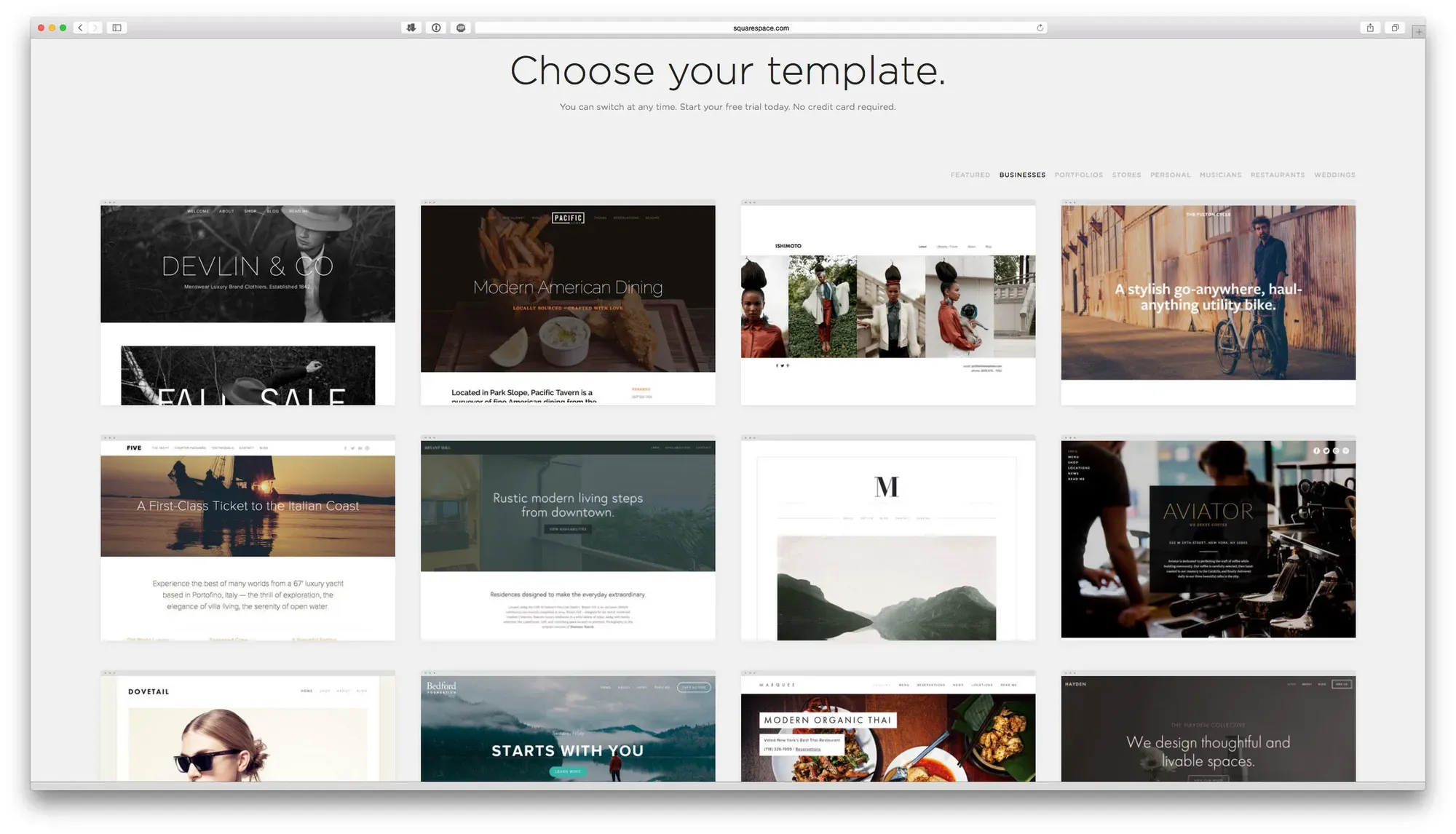 Er zijn ontzettend veel templates beschikbaar voor SquareSpace. In elk template zie je een aantal voorbeelden van anderen die hun website ermee gebouwd hebben en hoe ze de template gebruikt hebben.